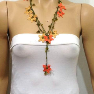 Orange and Yellow Crochet Lace Lariat Necklace