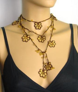 Yellow and Brown Crochet beaded crochet flower lariat necklace with Golden Beads