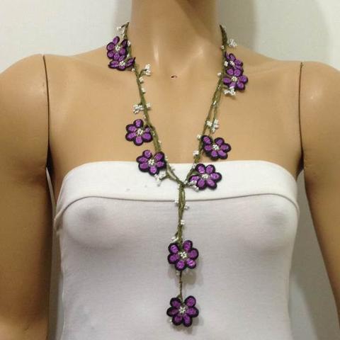 Violet and Purple Crochet beaded crochet flower lariat necklace with White Beads