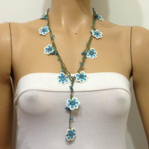 Blue and White Crochet beaded crochet flower lariat necklace with Blue Beads