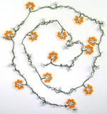 Orange and White Crochet beaded OYA flower lariat necklace with White Beads