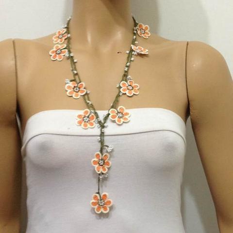Orange and White Crochet beaded OYA flower lariat necklace with White Beads