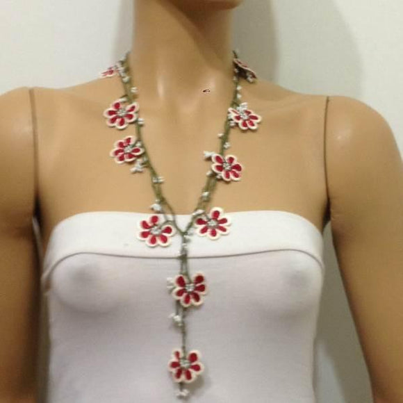 Red and White Crochet beaded OYA flower lariat necklace with White Beads