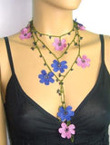 Pink and Blue OYA Flower Lariat Necklace with purplish black beads