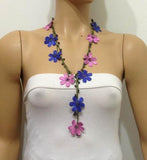Pink and Blue crochet Flower Lariat Necklace with purplish black beads