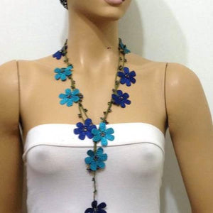Blue OYA Flower Lariat Necklace with purplish black beads