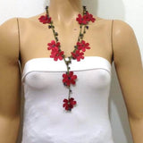 RED crochet Flower Lariat Necklace with purplish black beads