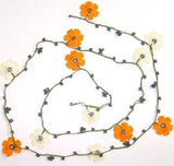 ORANGE and White crochet Flower Lariat Necklace with purplish black beads