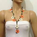 ORANGE and White OYA Flower Lariat Necklace with purplish black beads