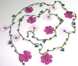 PINK and Dark Pink crochet Flower Lariat Necklace with purplish black beads