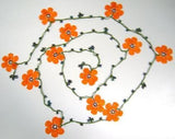 ORANGE crochet Flower Lariat Necklace with purplish black beads