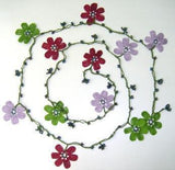 LILAC, Burgundy and Green crochet Flower Lariat Necklace with purplish black beads