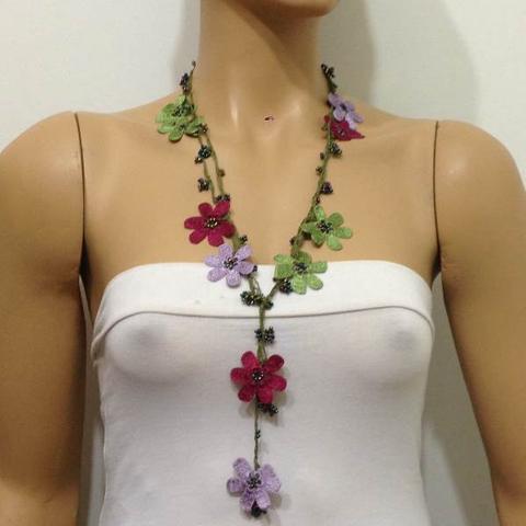 LILAC, Burgundy and Green crochet Flower Lariat Necklace with purplish black beads