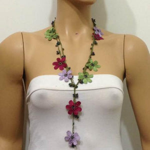 LILAC, Burgundy and Green OYA Flower Lariat Necklace with purplish black beads