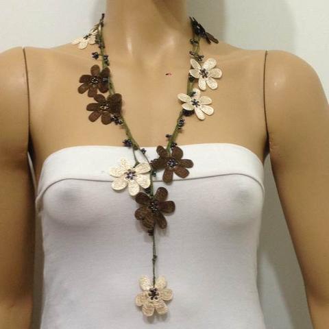 BEIGE and BROWN OYA Flower Lariat Necklace with purplish black beads