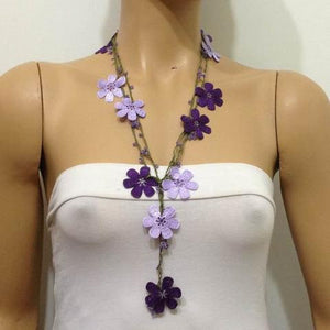 Lilac and Purple crochet Flower Lariat Necklace with purplish beads