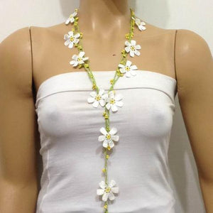 Off White with Yellow Beads Crochet Necklace