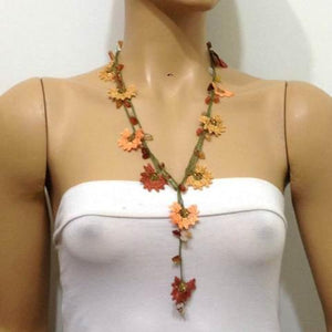 Orange and Copper Crochet beaded flower lariat necklace with orange Agate Stones