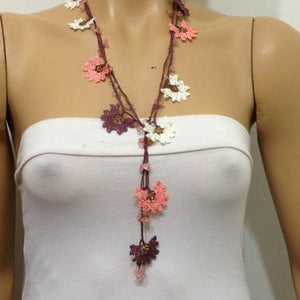 Brown and Pink Crochet beaded flower lariat necklace with Rose Quartz Stones