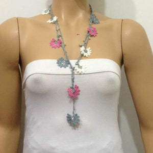 Pink and Gray Crochet beaded flower lariat necklace with Transparent Beads
