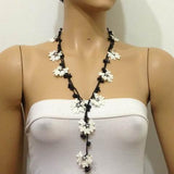 Black and White Crochet beaded flower lariat necklace with ONYX Stones