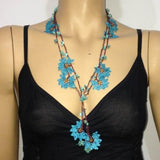 BLUE and Brown Crochet beaded flower lariat necklace with Turqoise Stones