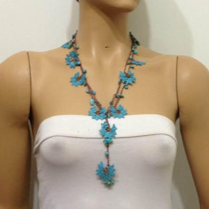 BLUE and Brown Crochet beaded flower lariat necklace with Turqoise Stones