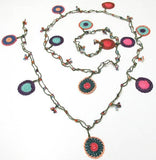 Multi-color Round Crochet beaded crochet Flower lariat necklace with Green Strin