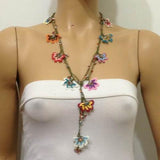 Multi-color WHEEL of FORTUNE motif Crochet beaded crochet Flower lariat necklace