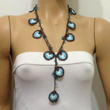 BLUE and BROWN QUADRO motif Crochet beaded OYA Flower lariat necklace with Brown String