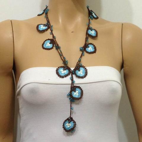 BLUE and BROWN QUADRO motif Crochet beaded crochet Flower lariat necklace with Brown String