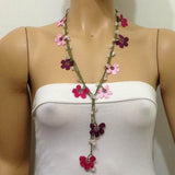Pink and Sour Cherry Crochet beaded flower lariat necklace with Pink Stones