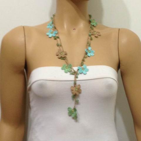 Brown,Green and Blue Crochet beaded flower lariat necklace with Semi-precious Stones