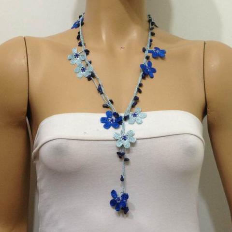 Ice BLUE and Indigo Blue Crochet beaded flower lariat necklace with Lapis Lazuli Stones