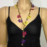 Yellow,Burgundy and Purple Crochet beaded flower lariat necklace with Agate Stones