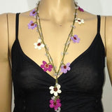 Crochet beaded flower lariat necklace - Lilac, Cream and Plum