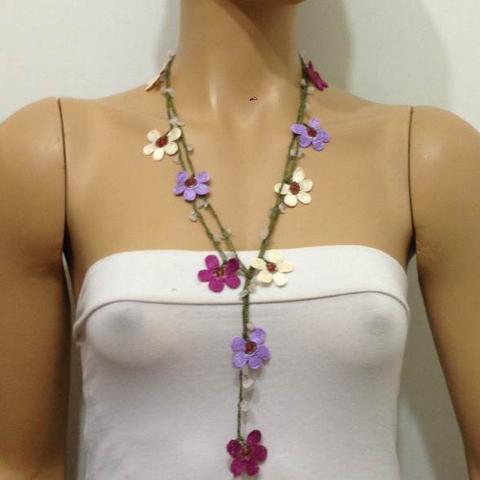 Crochet beaded flower lariat necklace - Lilac, Cream and Plum