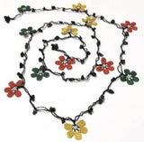 Yellow,Burnt Orange and Green Crochet beaded flower lariat necklace with Onyx Stones