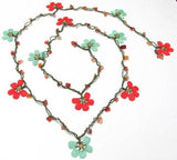 Pomegranate Flower and Aqua Green Crochet beaded flower lariat necklace with Agate Stones