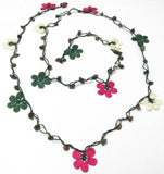 Sour Cherry Pink, Green and White Crochet beaded flower lariat necklace with green Stones