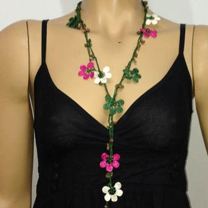 Sour Cherry Pink, Green and White Crochet beaded flower lariat necklace with green Stones