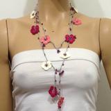 Sour Cherry,Cream,Pink Crochet Lace Lariat Necklace