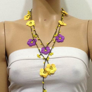 Yellow and Purple Crochet Lace Lariat Necklace