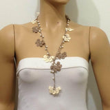 Beige and Brown Crochet Lariat with Freshwater Pearls - Elegant necklace Pearl Jewelry