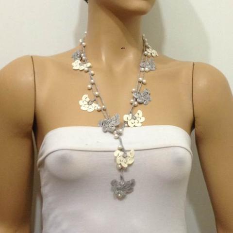 Grey and Beige Crochet Lariat with Freshwater Pearls - Elegant necklace Pearl Jewelry