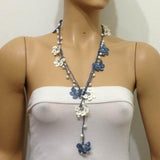 Blue and Beige Crochet Lariat with Freshwater Pearls - Elegant necklace Pearl Jewelry