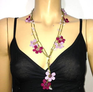 Lilac,Sour Cherry and Pink Crochet beaded flower lariat necklace with Pink Stones