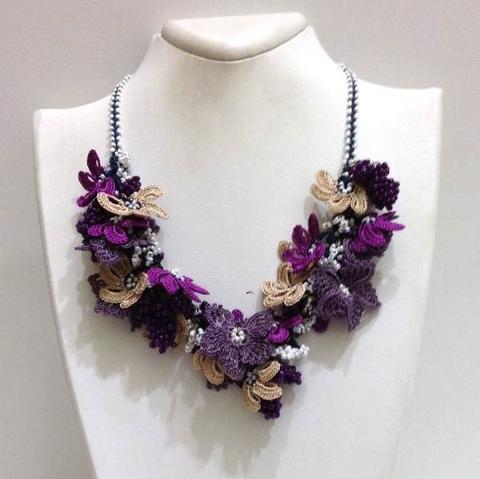 Purple aNd Beige Beaded Crochet Necklace - Crochet OYA Lace Necklace - Mixed Flower Bouquet Necklace