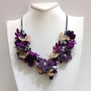 Purple aNd Beige Beaded Crochet Necklace - Crochet crochet Lace Necklace - Mixed Flower Bouquet Necklace