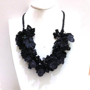 Black Bouquet Necklace with Charcoal Grey Beads - Crochet crochet Lace Necklace - Beaded Crochet Necklace - Mixed Flower - Hand crafted Necklace - Fiber Art